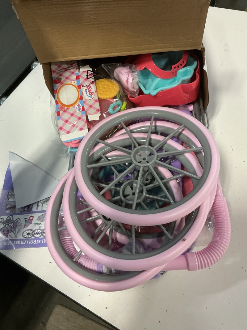 Condition photo showing Good Condition for baby doll stroller playset for girls toddlers 3-5 4-6 5-7 year old to play house games. stroller toy with 12.5" baby doll, dining chair, quilt pillow, 24 pcs doll accessories and 2 sets clothes.