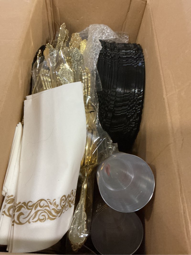 Condition photo showing Good Condition for Nervure 350PCS Blue Plastic Plates - Blue Plastic Dinnerware Sets for 50 Guests - 100 Disposable Plates, 150 Gold Silverware, 50 Cups, 50 Napkins for Wedding & Party & Thanksgiving Day