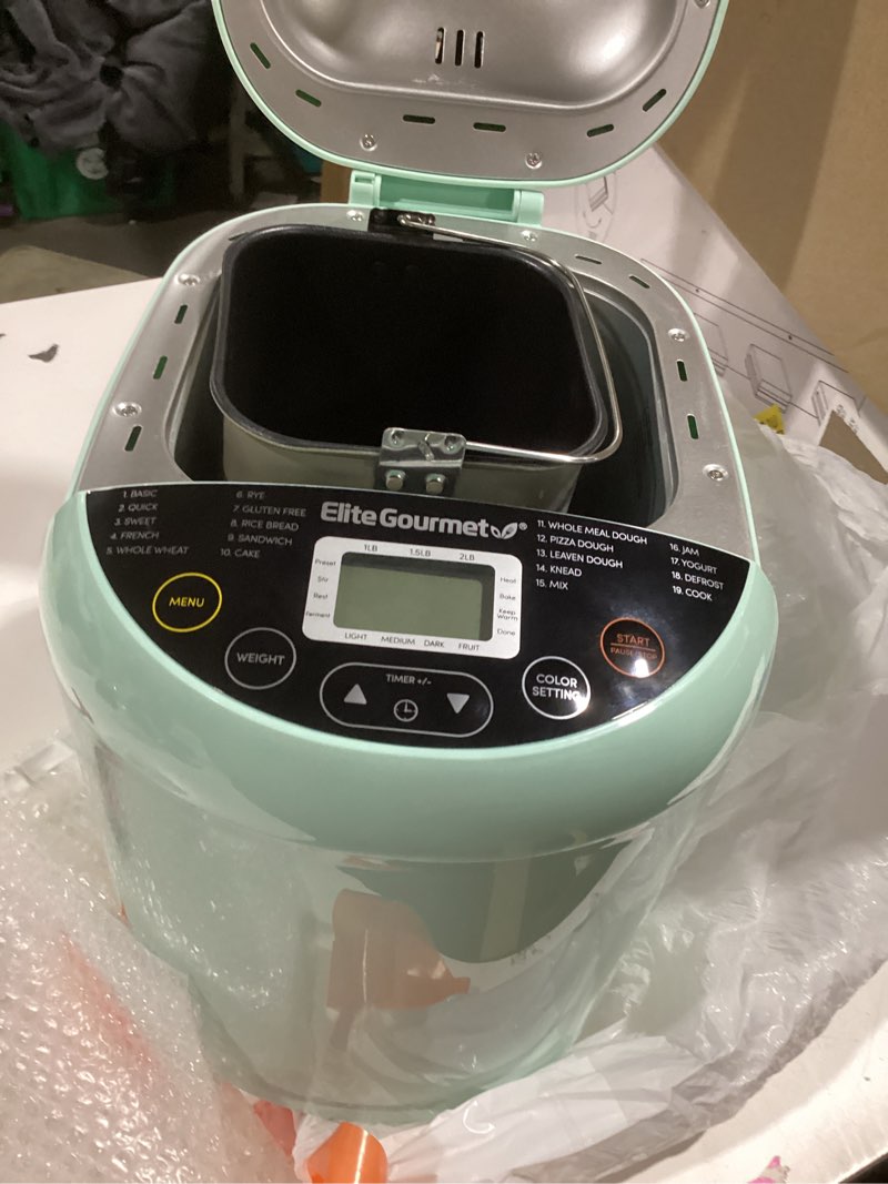 Condition photo showing Good Condition for Elite Gourmet Programmable Bread Maker, 2 lb Loaf, 3 Sizes, 19 Presets incl. Gluten-Free, Dough & Jam, Delay Timer, Mint