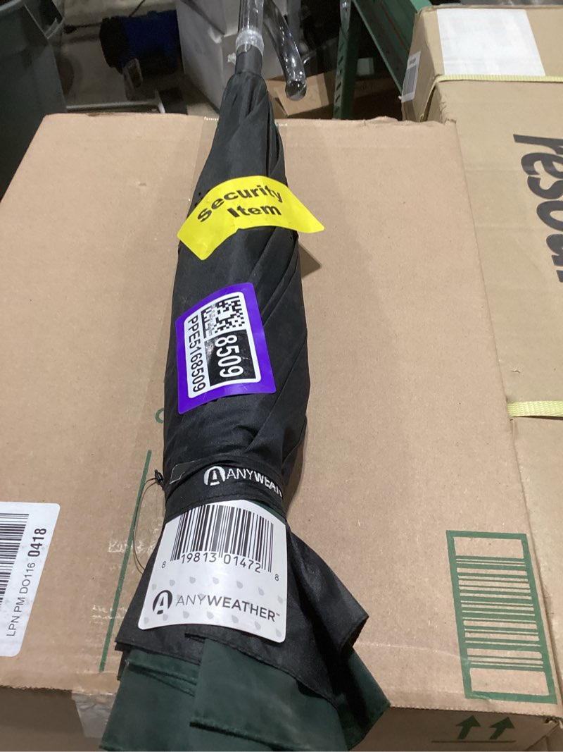 Condition photo showing As Is for anyweather inverted dual canopy umbrella for wind, rain, and uv rays, compact umbrella for up to 50 mph winds, umbrella colors in hunter green