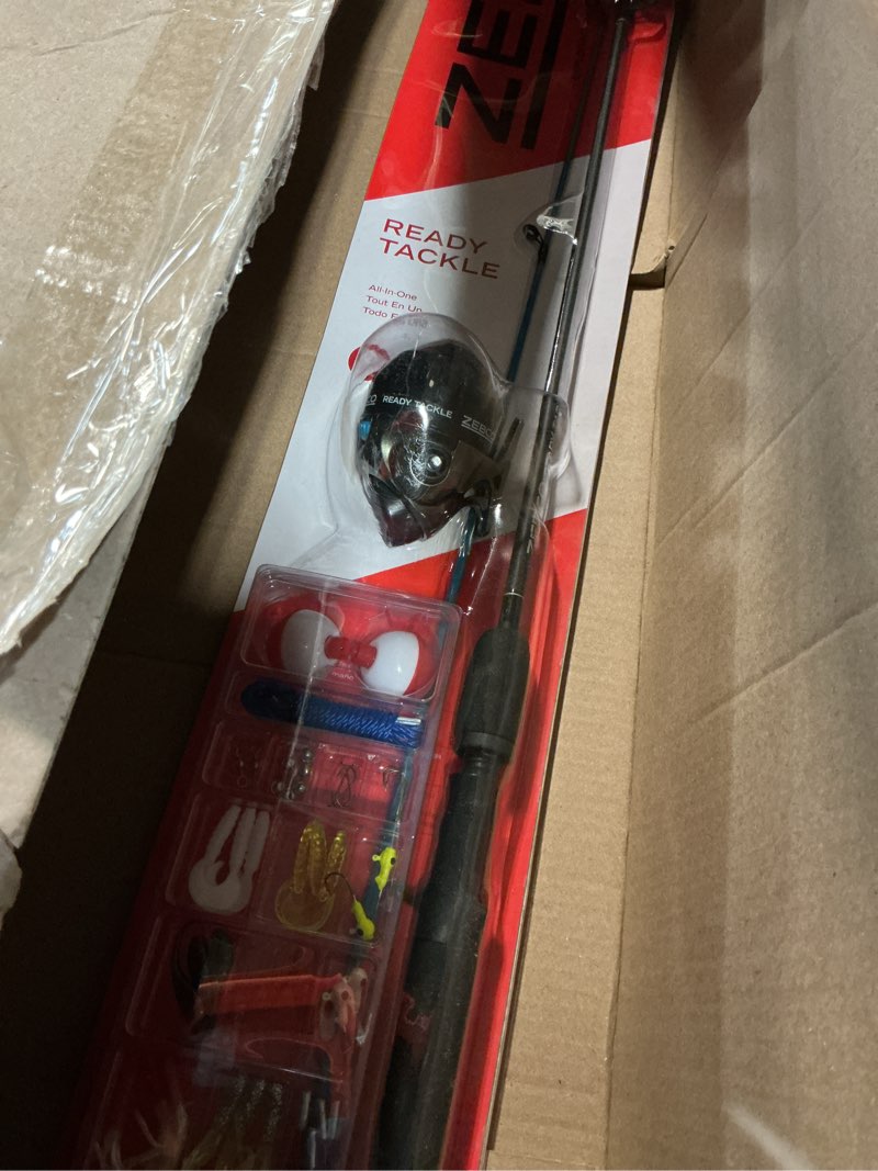 Condition photo showing New/Like New for zebco ready tackle spincast reel and fishing rod combo, durable fiberglass rod with eva handle, quickset anti-reverse reel, pre-spooled with 10 lb zebco line, includes tackle pack 2pc rod - with 45pc tackle