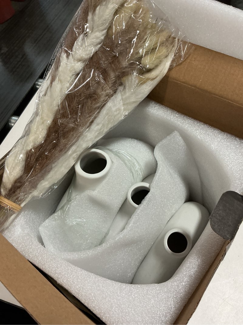 Condition photo showing Good Condition for VELOVA Set of 3 White Ceramic Vase with 65 PCS Dried Pampas Grass Flowers Aesthetic Boho Modern Small Round Cute Vases for Decor Living Room Coffee Table Shelf Bedroom Office Desk Home Gifts Women Mom