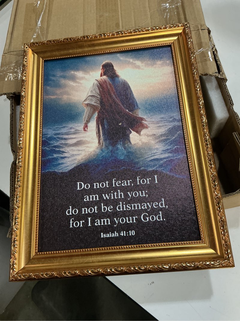 Condition photo showing Good Condition for vintage gold framed wall art,jesus walking on water canvas,christian inspirational wall decor,isaiah 41:10 bible verse picture print for living room, bedroom, church decor, christians gifts,11l x 9w jesus scripture framed 9"l x 11"w