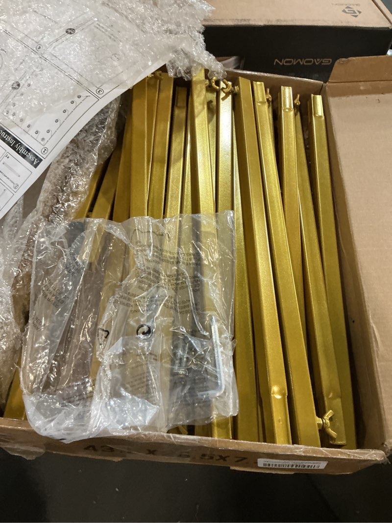 Condition photo showing As Is for Wokceer Wedding Arch Backdrop Stand Square 6.6FTx6.6FT Gold Metal Balloon Arch Stand Garden Arbor Backdrop Frame for Wedding Birthday Party Baby Shower Photo Booth Background Decoration 6.6FT x 6.6FT Gold