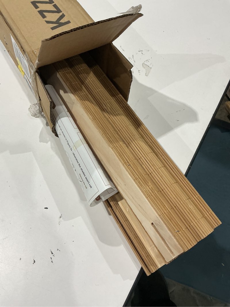 Condition photo showing Good Condition for seeye cordless bamboo roman shades, blackout natural bamboo blinds for indoor windows, roll up blind privacy shade for home, office, door, uv resistant & easy to install, 30" w x 64" h, carbonized privacy - carbonized 30"w x 64"h