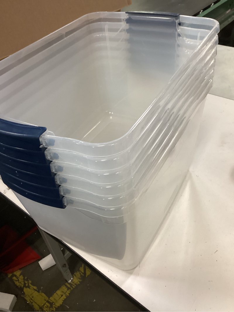 Condition photo showing New/Like New for Rubbermaid Cleverstore 30 Quart Plastic Storage Tote Container with Lid (6 Pack)