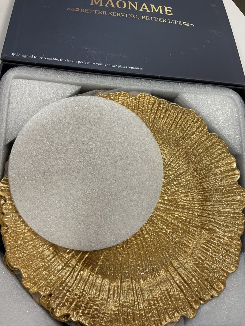 Condition photo showing Good Condition for maoname gold charger plates set of 12, reef plate chargers for dinner plate, round plastic table chargers for thanksgiving, christmas 1 gold
