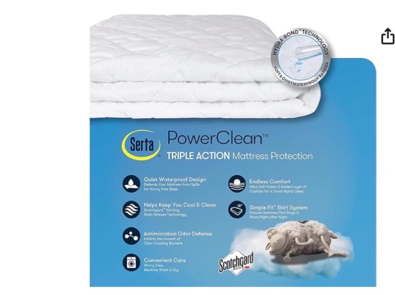 Pads Amazon Prime Logo Enjoy fast, free delivery, exclusive deals, and award-winning movies & TV shows. Join Prime $24.99 Get Fast, Free Shipping with Amazon Prime FREE delivery Wednesday, November 19 on orders shipped by Amazon over $35. Order within 23 hrs 26 mins Delivering to Florence 41042 - Update location In Stock Quantity: Quantity:1   Add to Cart   Buy Now Ships from Amazon.com Sold by Amazon.com Returns FREE refund/replacement until Jan 31, 2026 Packaging Ships in product packaging See more Add a gift receipt for easy returns Add to List Other sellers on Amazon New (2) from $24.99   FREE Shipping on orders over $35.00 shipped by Amazon.   Sponsored    Click to see full view                  2+    5 VIDEOS SERTA Power Clean Triple Action Quilted Soft Waterproof Mattress Pad Protector, Moisture Wicking Protection with 15" Deep Pocket, Queen, White