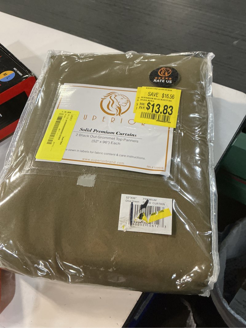 Condition photo showing New/Like New for superior blackout curtains, room darkening, bedroom, drapes, kitchen, living room window accents, sun blocking, thermal, 2 pack, 8 grommets, solid blackout curtains, set of 2, 52" x 96", olive green