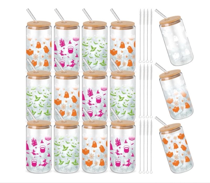 Vesici 12 Set Halloween Glass Cups Gift Bulk 16 oz Color Changing Ghost Cups Bat Pumpkin Ghost Witch