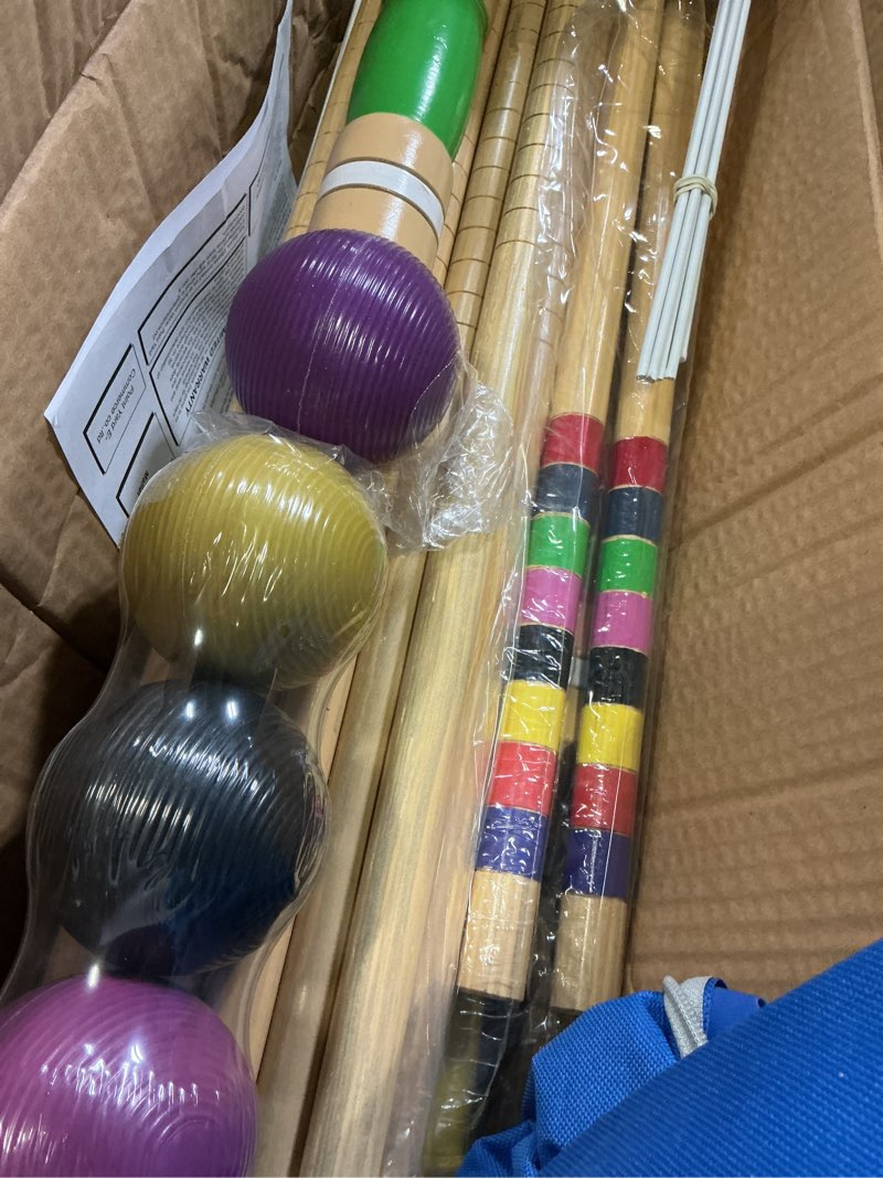Condition photo showing Good Condition for speedarmis 8 players croquet set with 32in regulation | 28in standard size rubber wood mallets, colored pe ball, wickets, 21in end stakes - lawn backyard game kit for teens/adults/family burlywood