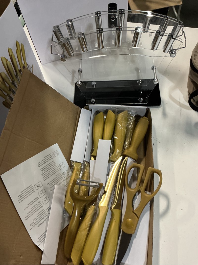 Condition photo showing Good Condition for aiheal knife set, 16 pieces high carbon stainless steel golden color kitchen knife set, titanium coating blade, no rust and super sharp cutlery with acrylic stand and kitchen scissors, gift
