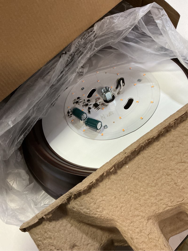 Condition photo showing As Is for Project Source 13-in Matte Bronze Indoor LED Flush Mount Light with Frosted Glass