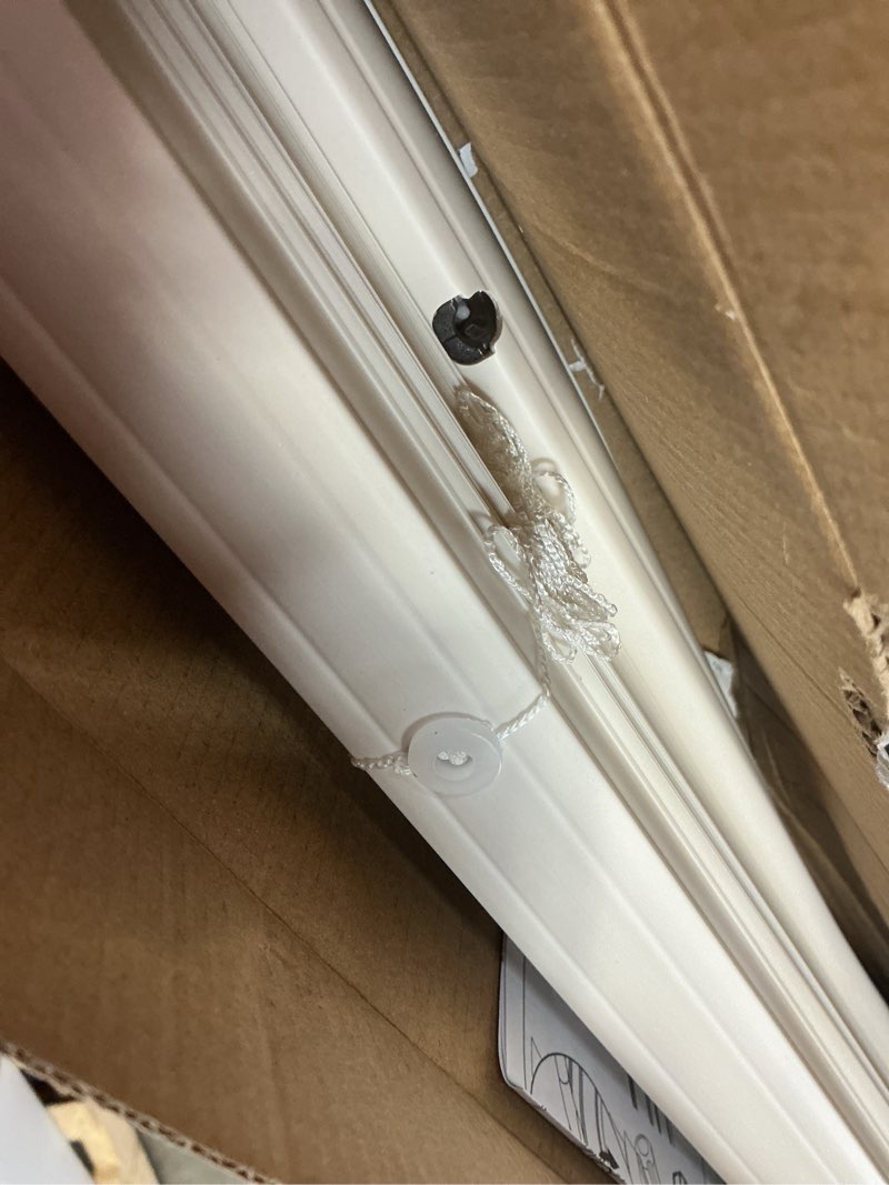 Condition photo showing As Is for mainstays 1" cordless vinyl light filtering blinds, 1-piece, white, 35" w x 64" l