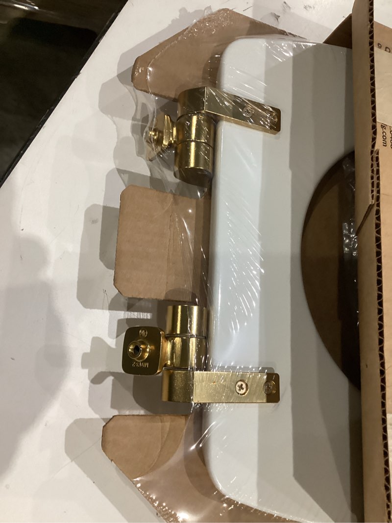 Condition photo showing New/Like New for mayfair bennett toilet seat with brushed gold hinges, slow close wood seat, secure metal hinges, easy install, made in usa, elongated, white elongated gold