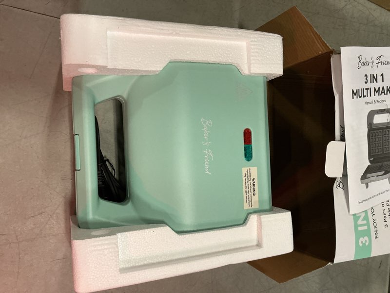 Condition photo showing Good Condition for baker’s friend 3 in 1 mini waffle maker with removable plates, mini pancake maker, grilled cheese maker, breakfast sandwich maker press, indoor grill, belgian waffle maker, aqua