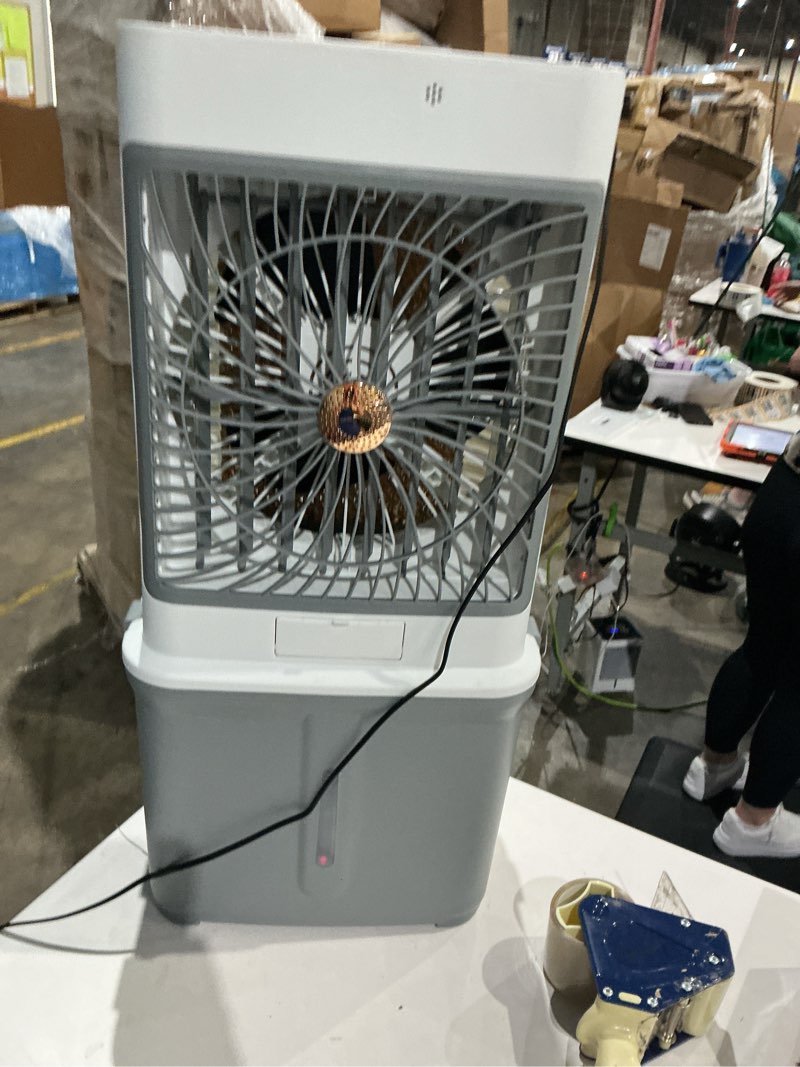 Condition photo showing As Is for flymoon upgraded 10-gallon evaporative air cooler, swamp cooler with 120° oscillation, 7-hour timer, remote control, detachable tank for portable air conditioner | swamp cooler with 120° oscillation, 7-hour timer, remote control, detachable tank, easy clean for bedroom garage