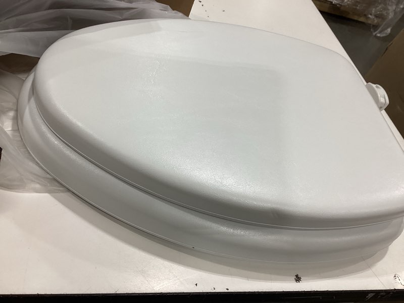 Condition photo showing As Is for mayfair by bemis eden cushioned vinyl white elongated padded toilet seat