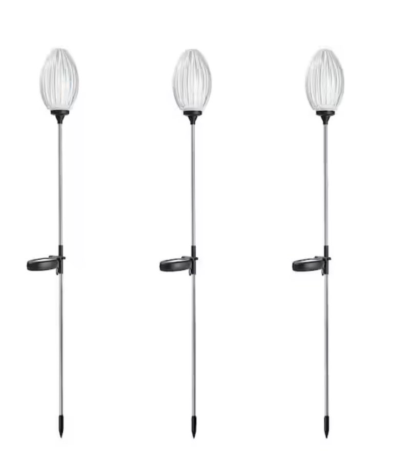 36 in. H White Solar Weather Resistant Stake Oval Flower Light Path Light with LED and Stainless Steel Pole (3-Pack)
