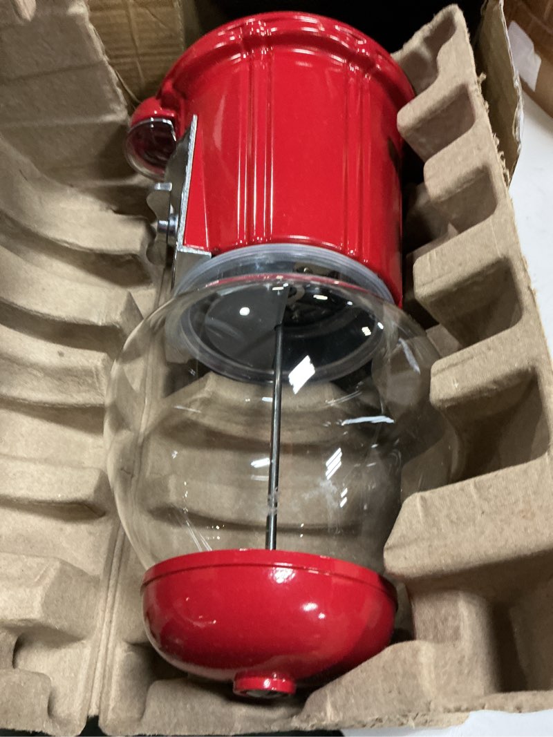 Condition photo showing As Is for vintage gumball machine - 11-inch retro-style, coin-operated cast metal vending machine with glass globe and free spin by great northern popcorn (red)
