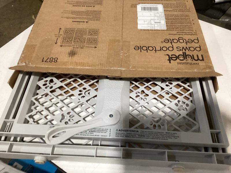 Condition photo showing As Is for mypet north states paws portable pet gate: 26-40" wide. pressure mount. no tools needed. made in usa. dog gate 23" tall, expandable, durable dog gates for doorways, light gray