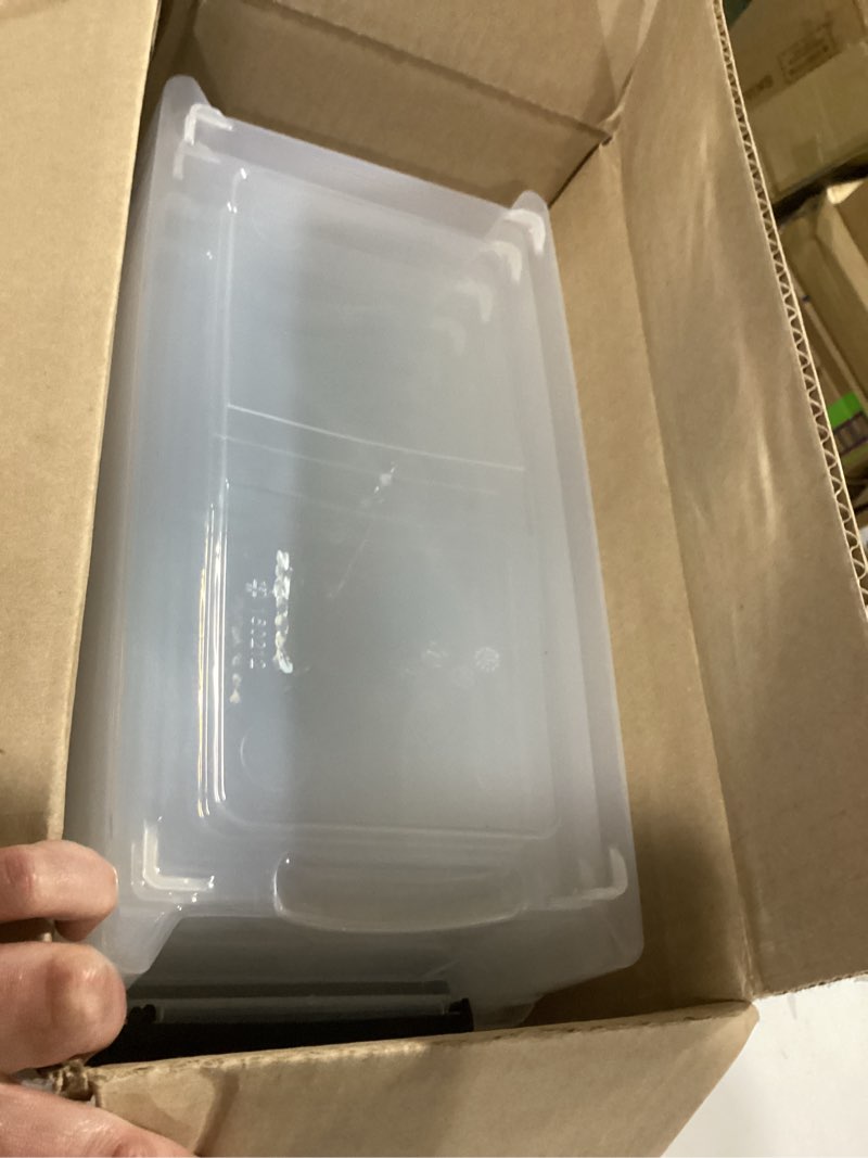 Condition photo showing New/Like New for iris usa 6-pack storage bins with lids, 6 quart, made in usa stackable see-through organizing solution latches durable nestable containers secure pull handle, bpa-free plastic clear 6 qt 6 pack