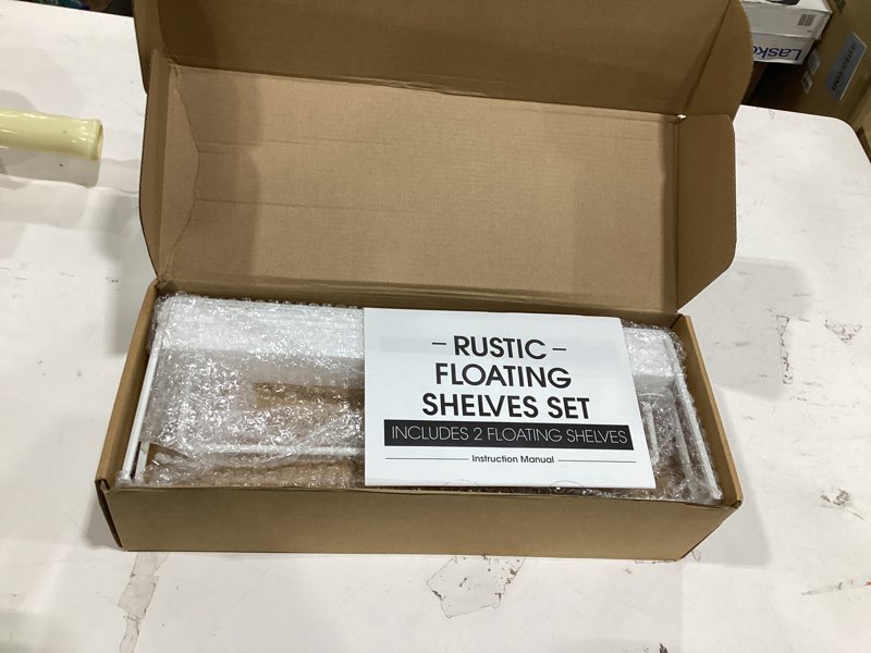 Condition photo showing New/Like New for Shario Floating Shelves - Set of 2, Wall Mounted Hanging Shelves with White Towel Rack, Decorative Storage Shelves for Bathroom, Kitchen, Living Room & Bedroom (Rustic White)