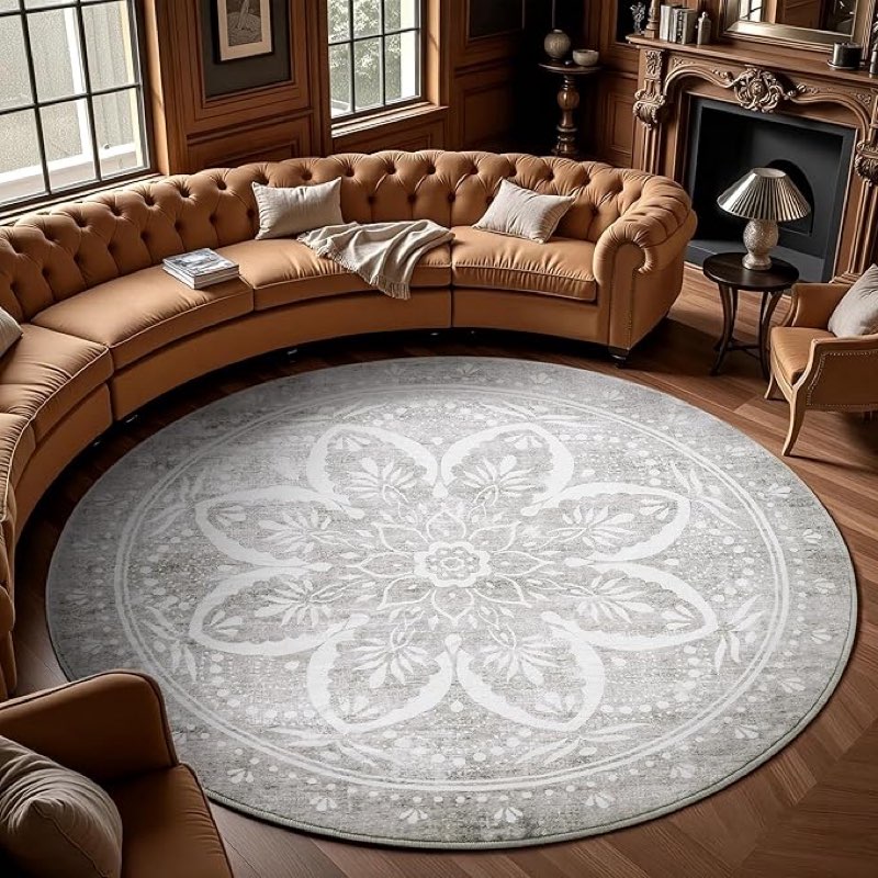 Carvapet 8ft Round Area Rug - Grey Vintage Non-Slip Washable Circle Carpet with Rubber Backing Foldable Low Pile Design for Living Room Bedroom, 96 inch Area Rug