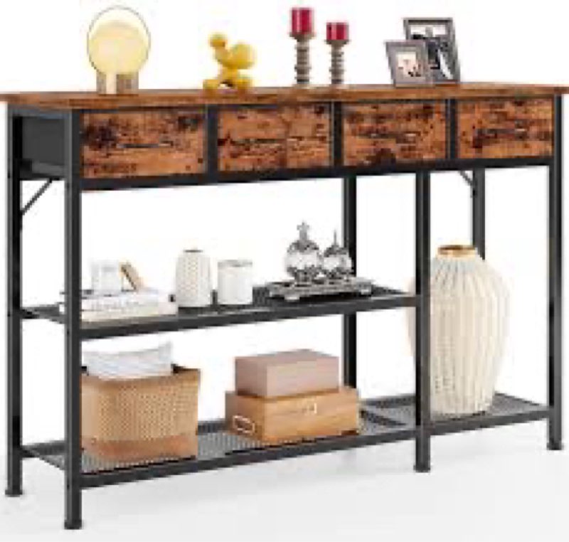 Furnulem Entryway Table 47'' Sofa Console Table with 4 Fabric Drawers, Industrial Entry Way Shoe Rac