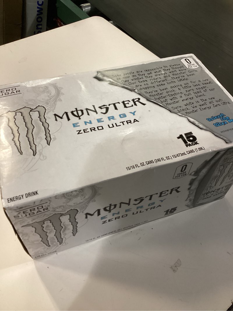 Condition photo showing New/Like New for Monster Energy Zero Ultra, Sugar Free Energy Drink, 16 Ounce (Pack of 15) Zero Ultra 16 Fl oz (Pack of 15)