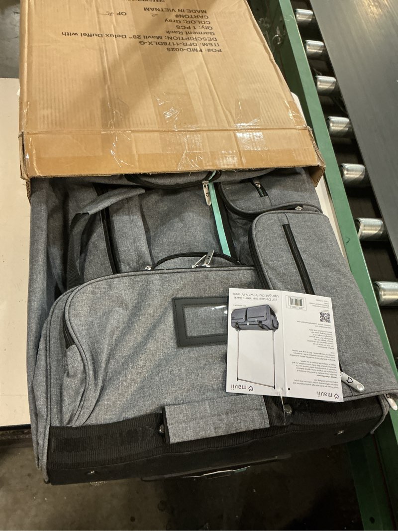 Condition photo showing New/Like New for mavii deluxe dance bag with garment rack, 28 inch rolling duffel for competitions & travel, patent-pending stability frames, lightweight aluminum rack, wheeled upright luggage, heathered gray grey-deluxe 28"