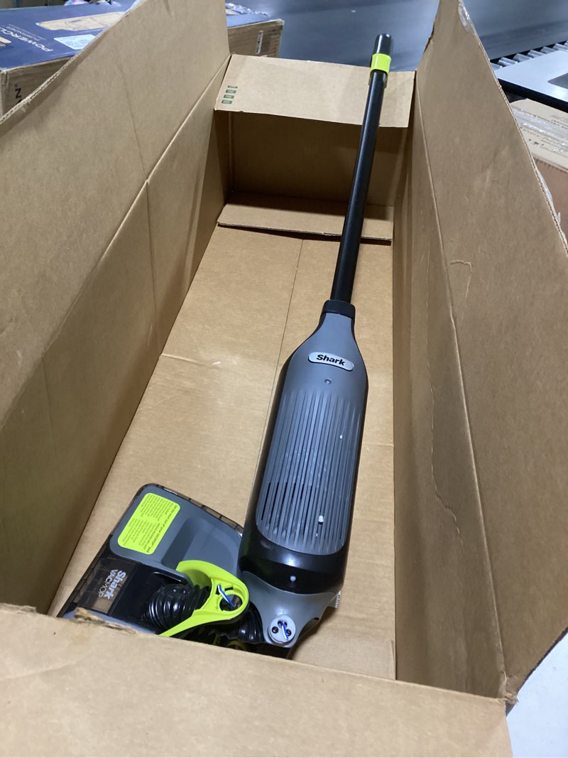 Condition photo showing As Is for shark vacmop cordless hard floor cleaner, vacuum and spray mop, powerful suction, lightweight, led headlights, includes 4 disposable pads, 12oz multi-surface cleaning solution, gray, vm252