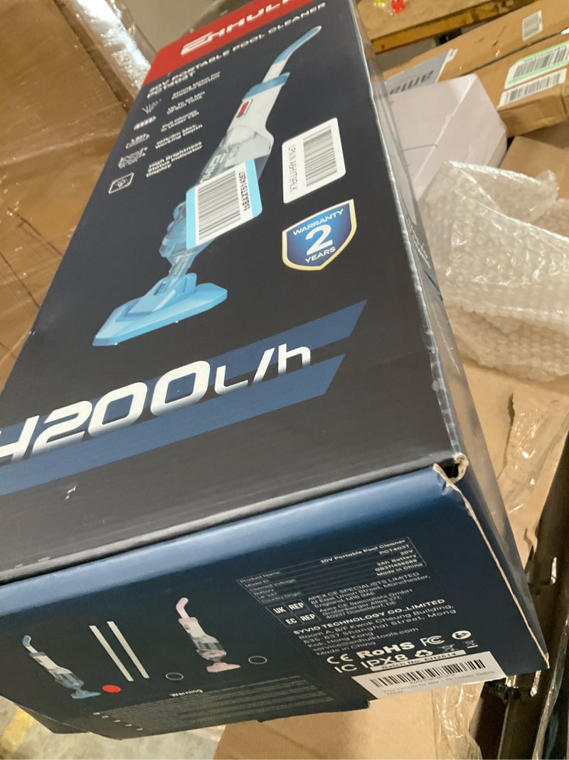 Condition photo showing As Is for pool vacuum for above ground pool with a telescopic pole, running time up to 1h, handheld rechargeable pool cleaner with powerful suction up to 18.5 gallons/min, ideal for leaves & debris, pc10