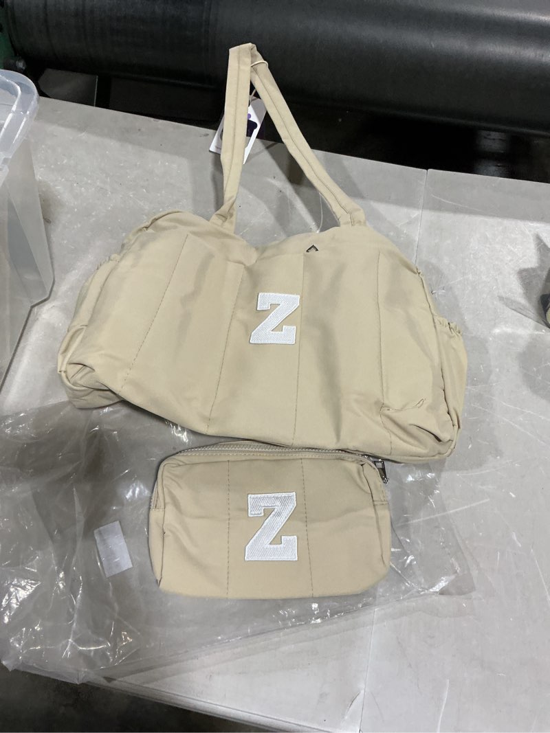 Condition photo showing New/Like New for Z, Gifts for Women Mom Unique-Monogram Duffle Bag, Weekender Bags for Women?Overnight Bag with Wet Pocket?Lightweight Travel Bags Personalized Gym Tote with Makeup Pouch Camel Z