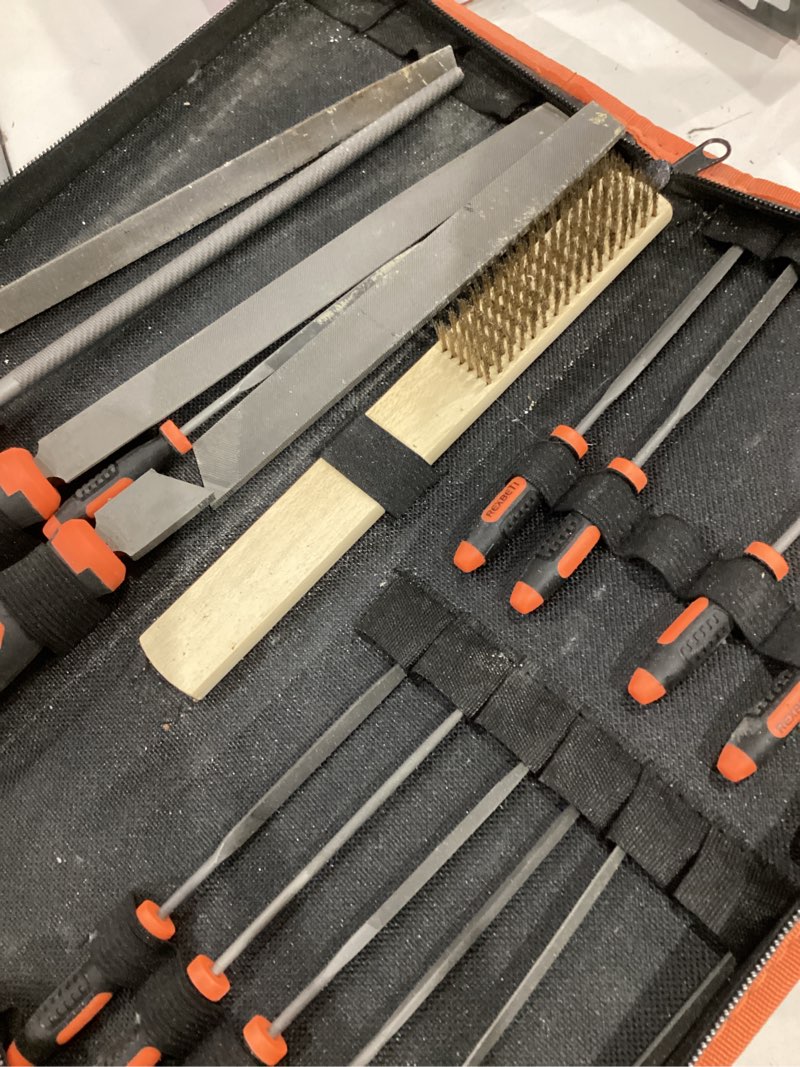 Condition photo showing As Is for rexbeti 25pcs metal file set, premium grade t12 drop forged alloy steel, flat/triangle/half-round/round large file and 12pcs needle files with carry case, 6pcs sandpaper, brush, a pair working gloves