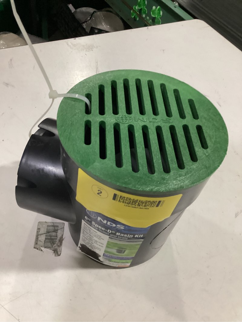 Condition photo showing As Is for nds 101* round spee-d catch basin drain, 1 outlet, connects to 3-inch and 4-inch drain pipes, manages light water flows, 6-inch, plastic, black