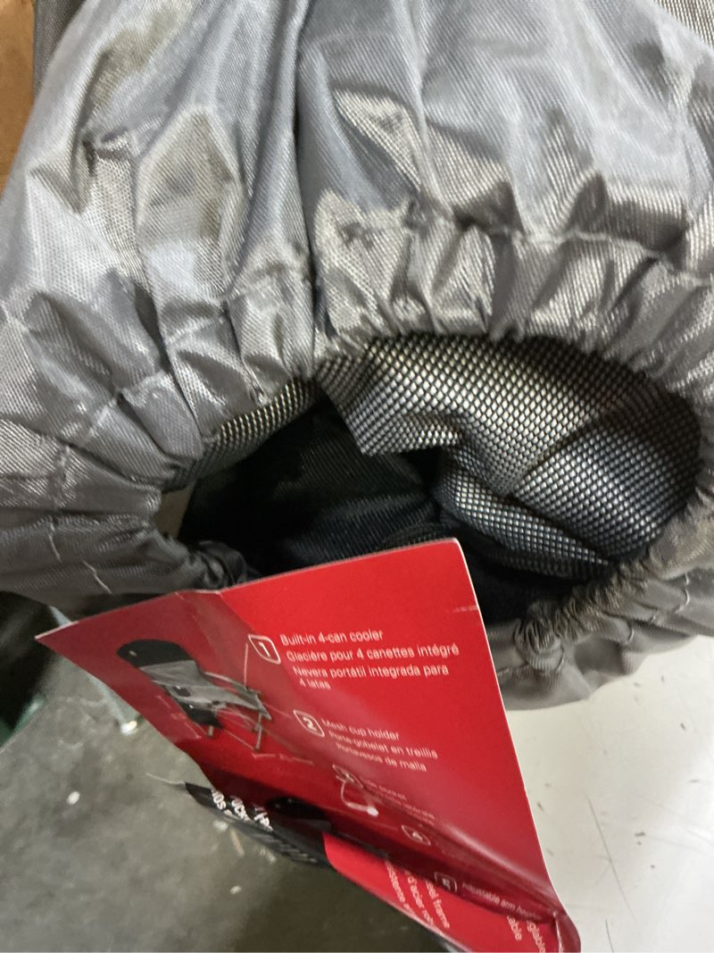 Condition photo showing New/Like New for coleman portable camping chair with 4-can cooler, cushioned seat & back with side pockets & cup holder, carry bag included, great for camping, tailgating, firepits, patio, & more grey
