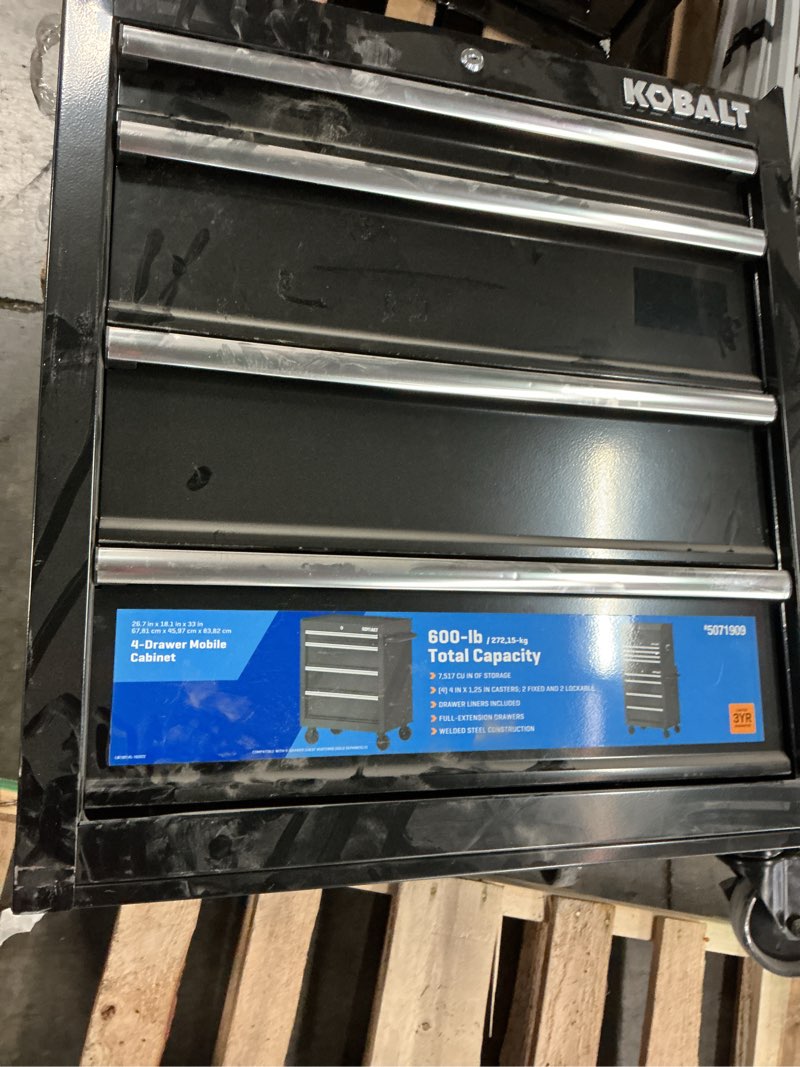 Condition photo showing As Is for kobalt 26.7-in w x 33-in h 4 -drawer steel rolling tool cabinet ( black )