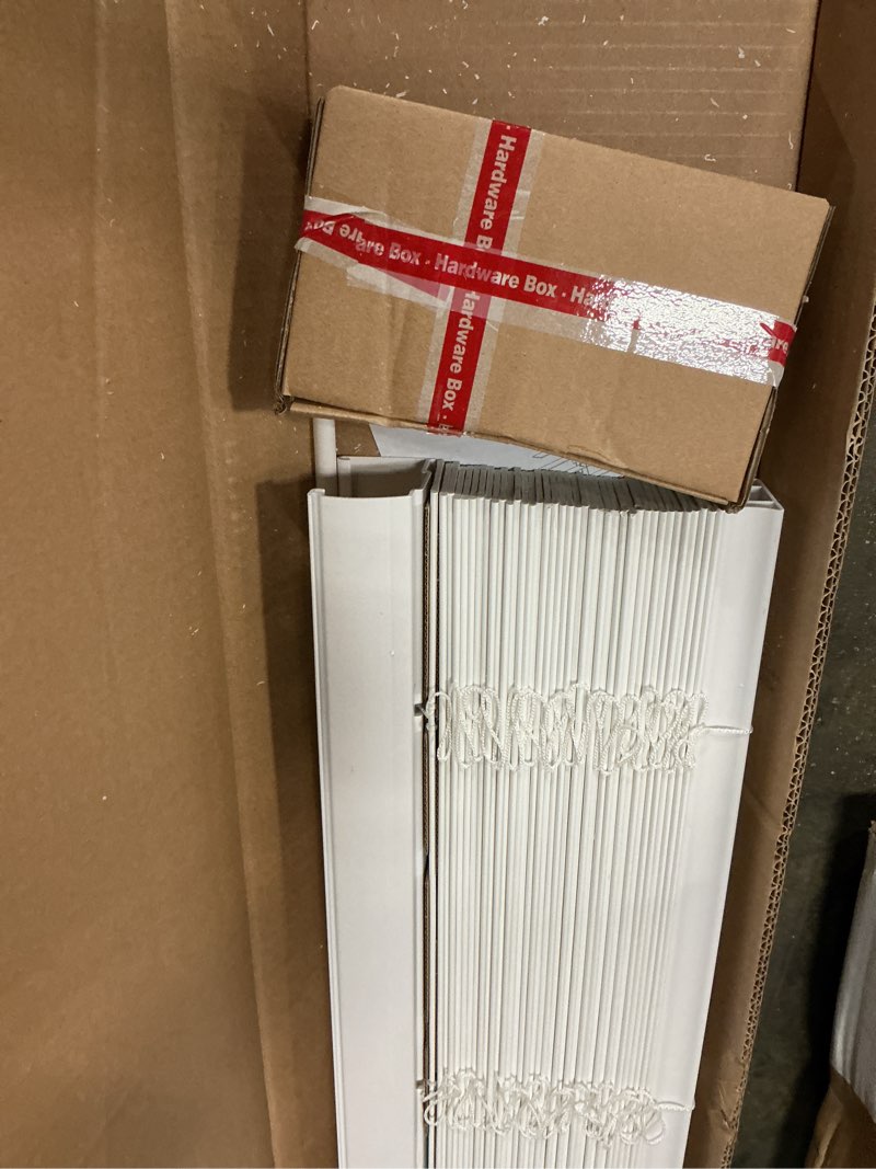Condition photo showing As Is for white cordless faux wood blinds for windows with 2 in. slats - 39.5 in. w x 72 in. l (actual size 39 in. w x 72 in. l)