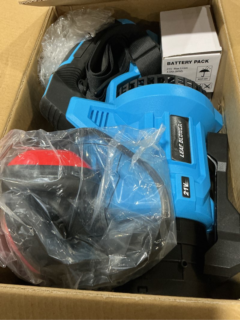 Condition photo showing Good Condition for leaf blower, electric cordless leaf blower with 2 batteries and charger, 2 speed mode, lightweight leaf blowers for blowing leaves, lawn care, patio cleaning and dust plastic b-blue