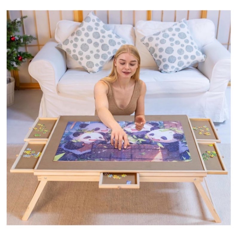 talgic 1500+ pieces large capacity wooden puzzle board with 6 drawers, cover and legs, 27"x35" rotat