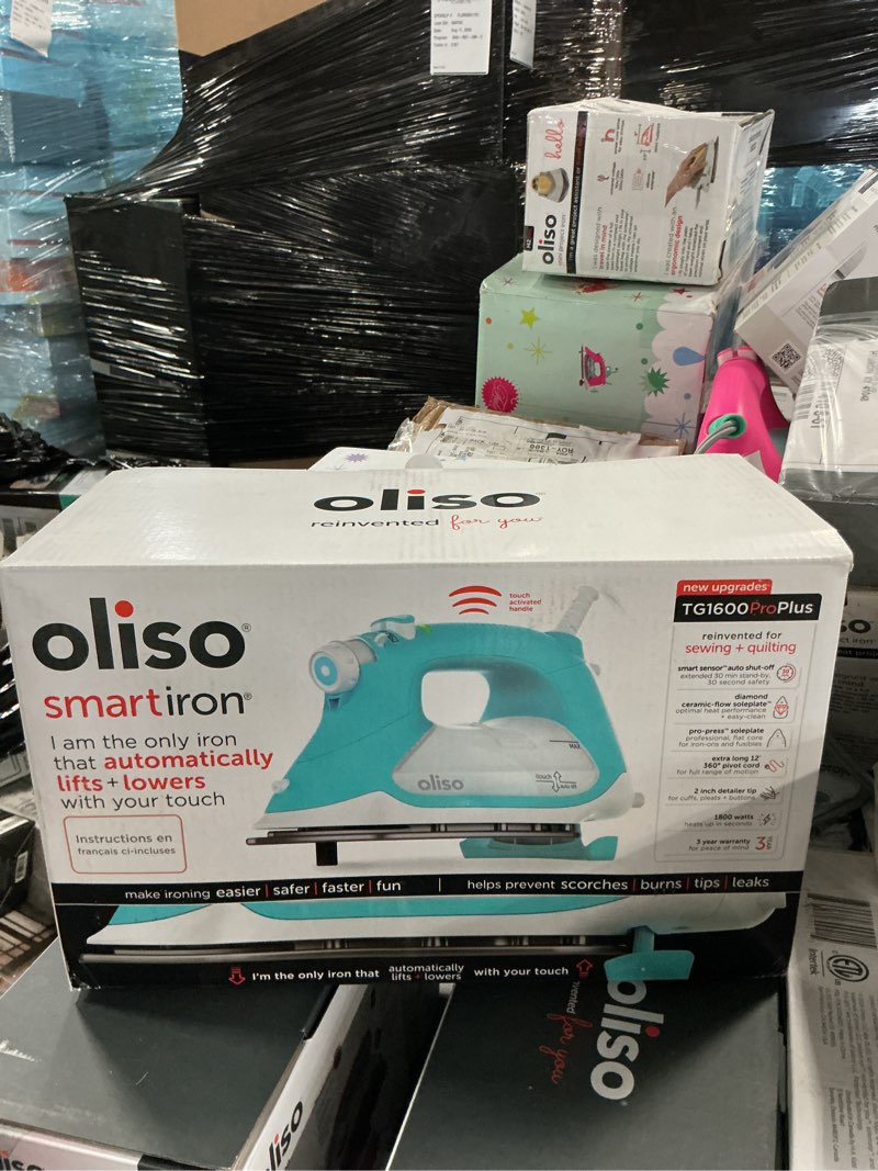 Condition photo showing New/Like New for oliso tg1600 proplus smart iron with auto-lift – 1800 watt steam iron for clothes, sewing, quilting & crafting – diamond ceramic-flow soleplate, turquoise