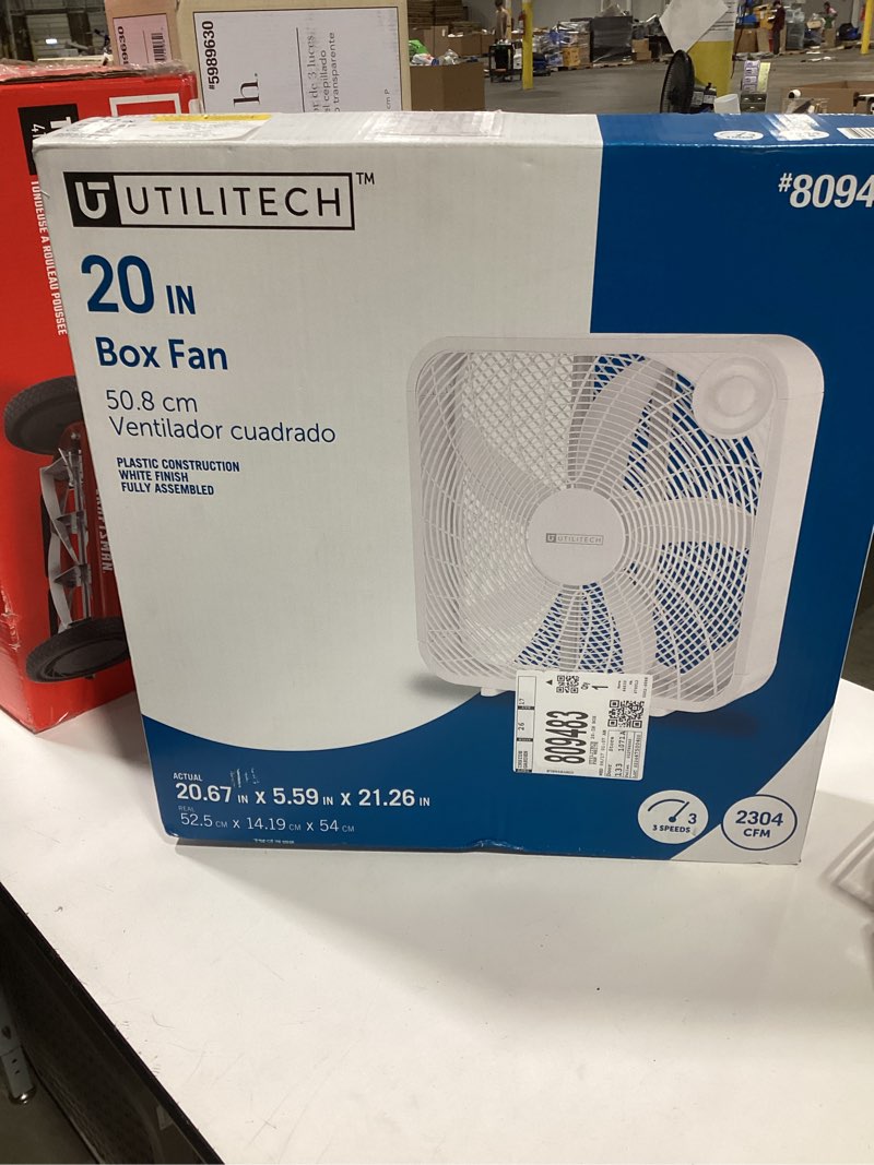 Condition photo showing As Is for utilitech 20-in high velocity indoor box fan, in white