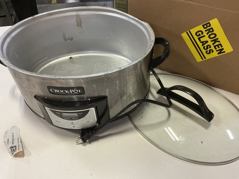 Condition photo showing As Is for Crock-Pot 7-Quart Slow Cooker  Portable Programmable with Timer  Locking Lid  Stainless Steel; an Essential Kitchen Appliance  Perfect for Families and Gatherings