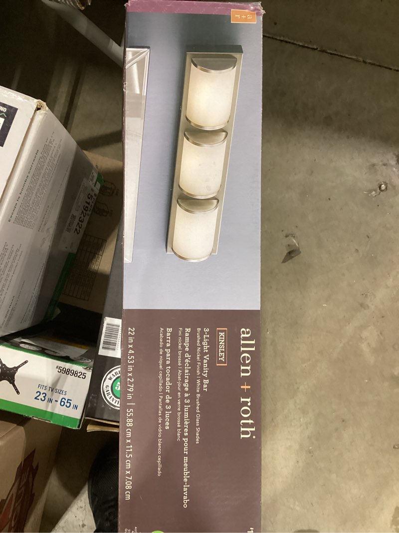 Condition photo showing As Is for allen + roth kinsley 22" 3-light brushed nickel led modern cont vanity light bar