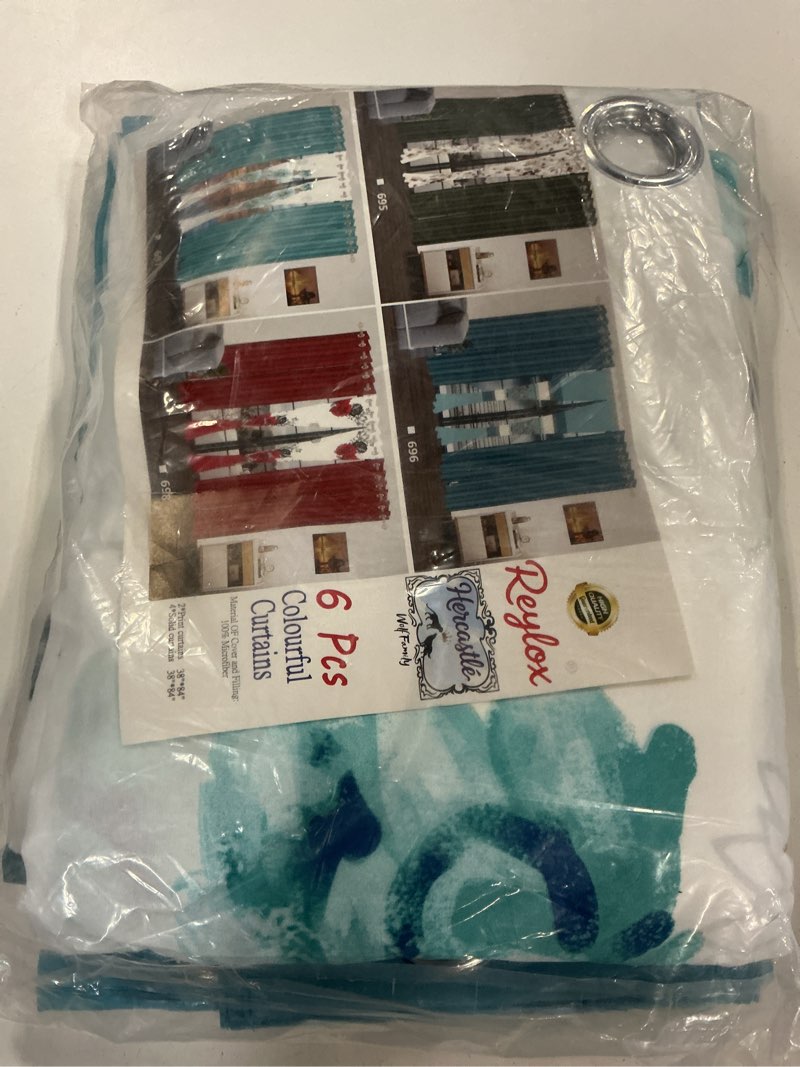 Condition photo showing Good Condition for teal floral curtain set with grommets, 6 pcs set (2 print + 4 solid, 38"x84"), patterned decorative for living room, easy - care farmhouse style-2 38"w x 84"l (pack of 6) 6 panels