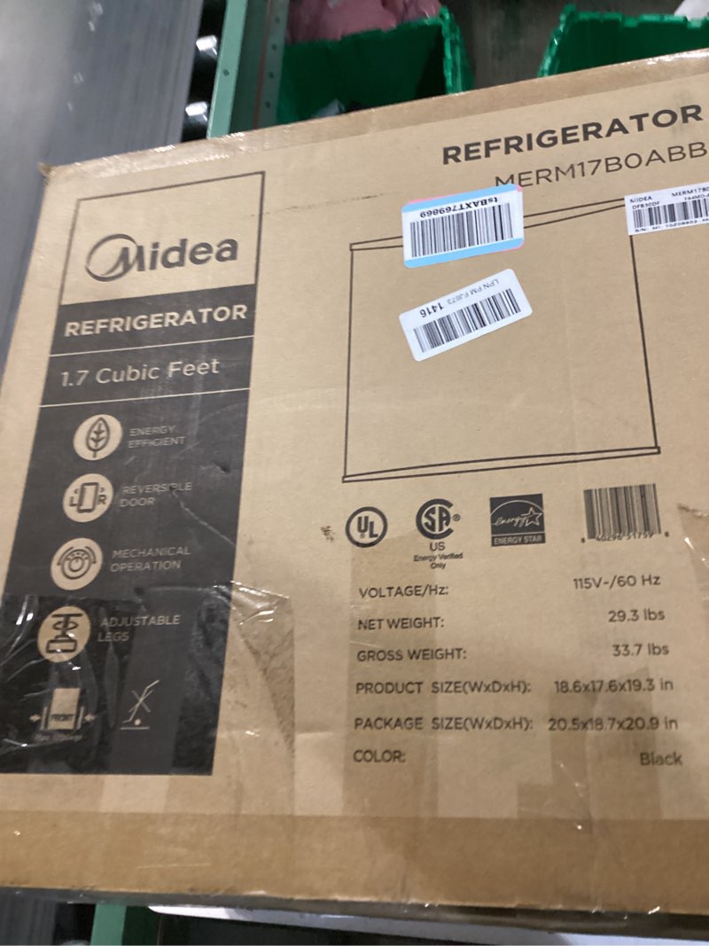 Condition photo showing New/Like New for Midea MERM17B0ABB 1.7 Cu Ft Mini Fridge, Compact Refrigerator with Adjustable Thermostat, Reversible Door, Low Noise, Energy Efficient, Ideal for Dorm, Office, Bedroom, Black