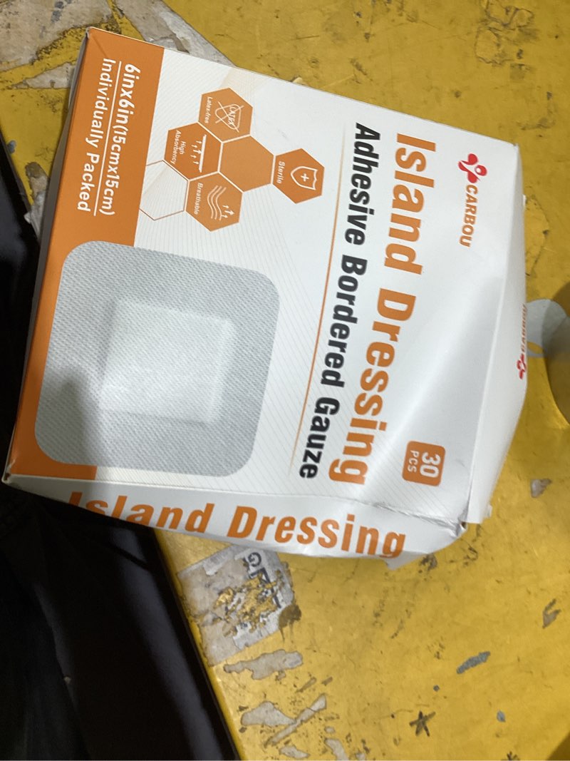 Condition photo showing As Is for [6''x6''-30count] carbou island dressing bordered gauze sterile individually wrapped gauze pads,highly absorbent adhesive dressing pad,soft and breathable wound dressing for wound care 6‘’x6''