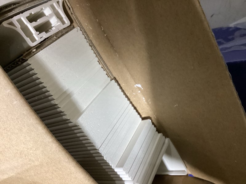 Condition photo showing As Is for levolor trim+go 2-in slat width 31-in x 64-in cordless white faux wood room darkening horizontal blinds