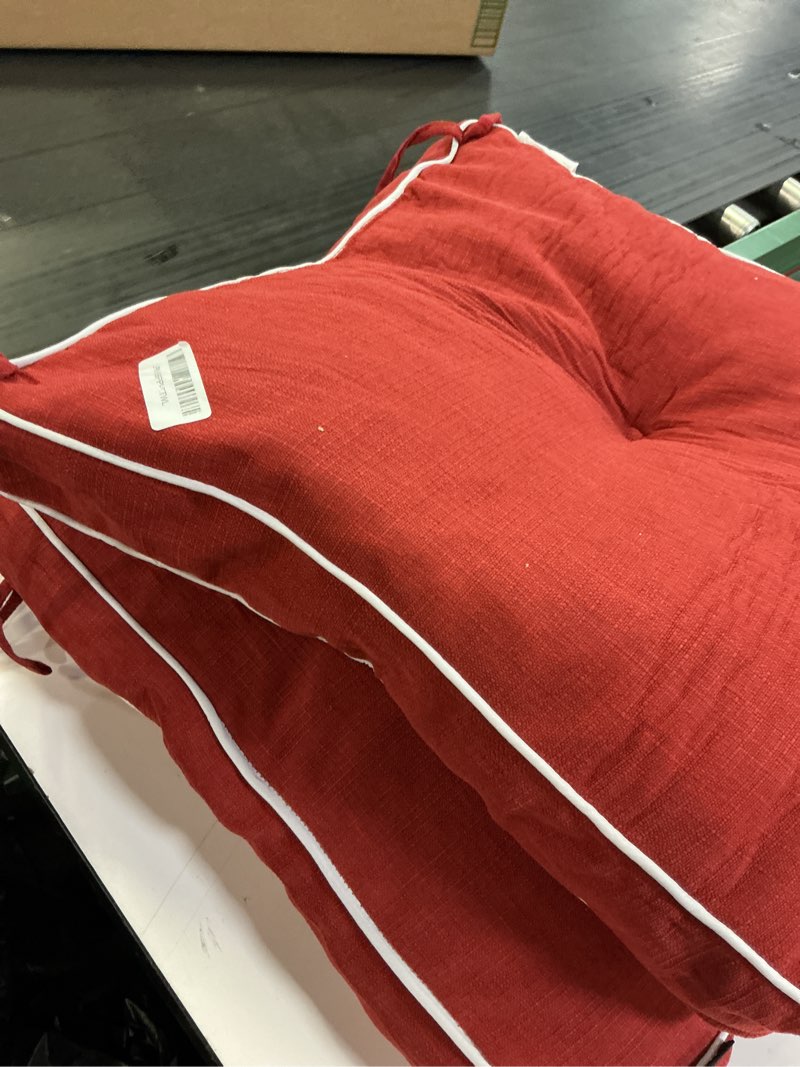 Condition photo showing As Is for favoyard patio chair cushions 19 × 19 inch water resistant & 3-year color fastness outdoor chairs cushion for seat dining rocking wicker chair cushion with tie straps tufted square pads, red, 2 pack red 19 x 19 inch (2 pack)